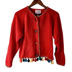 Croquet Club Crotchet Red Button Front Cardigan Colorful Tassel Hem Women's M